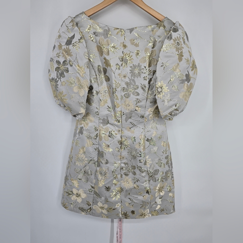 Mac Duggal White and Gold Floral Puff Sleeve Mini Dress - Picture 8 of 14